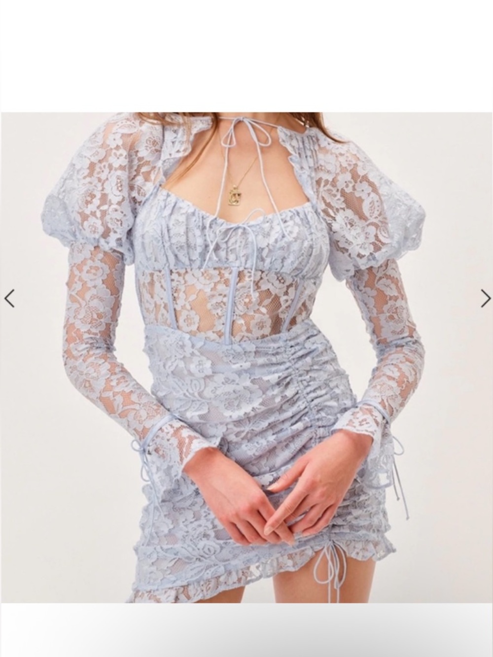 For Love & Lemons Baby Blue Lace Victoria Mini Dress Boned Waist Puff Sleeves